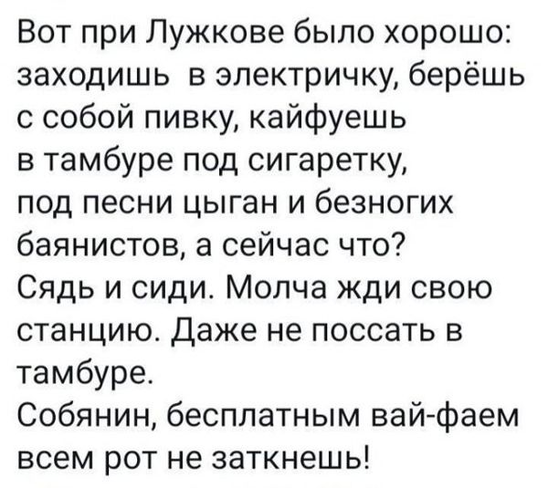 Вот при Пужкове было хорошо заходишь в электричку берёшь с собой пивку кайфуешь в тамбуре под сигаретку под песни цыган и безногих баянистов а сейчас что Сядь и сиди Молча жди свою станцию Даже не поссать в тамбуре Собянин бесплатным вай фаем всем рот не заткнешь
