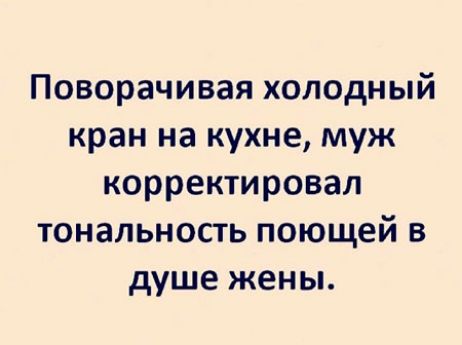Поворачивая холодный кран на кухне муж корректировал тональность поющей в душе жены