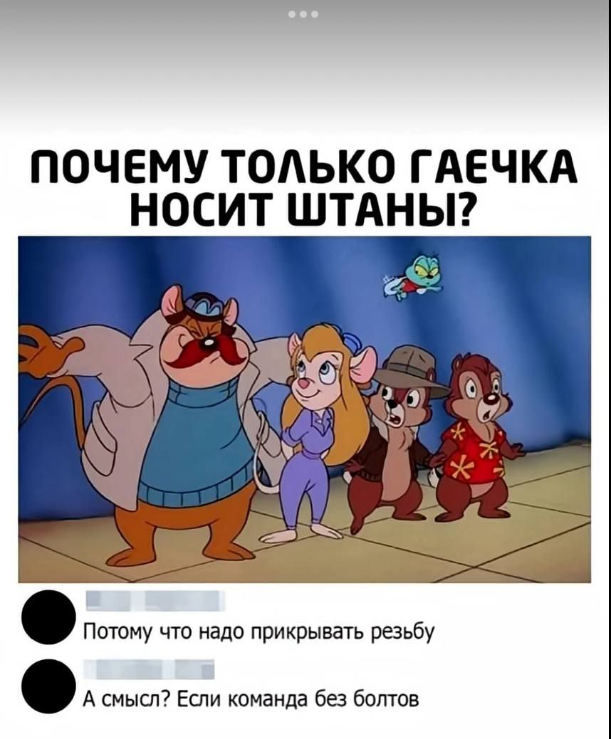 ПОЧЕМУ ТОЛЬКО ГАЕЧКА НОСИТ ШТАНЫ?

Потому что надо прикрывать резьбу
А смысл? Если команда без болтов