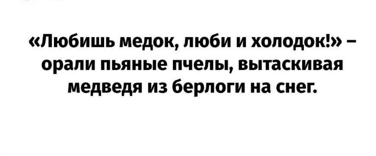 «Любишь медок, люби и холодок!» – орали пьяные пчелы, вытаскивая медведя из берлоги на снег.