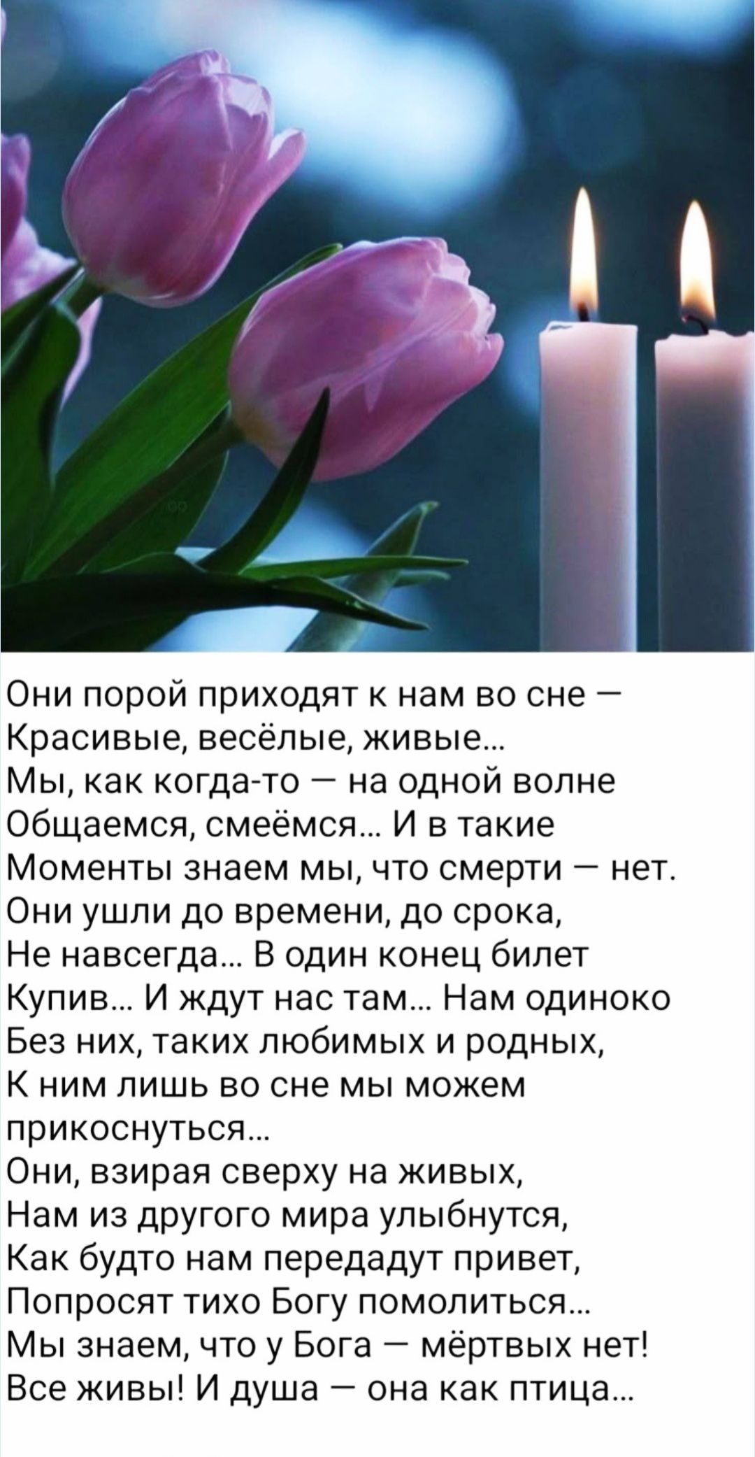 Они порой приходят к нам во сне — Красивые, весёлые, живые… Мы, как когда-то — на одной волне Общаемся, смеёмся… И в такие Моменты знаем мы, что смерти — нет. Они ушли до времени, до срока, Не навсегда… В один конец билет Купив… И ждут нас там… Нам одиноко Без них, таких любимых и родных, К ним лишь во сне мы можем прикоснуться… Они, взирая свыше на живых, Нам из другого мира улыбаются, Как букет нам передают привет, Просят только Бога помиловать… Мы же ставим свечи Богу — мёртвым нет! Все живы! И душа — она как птица...