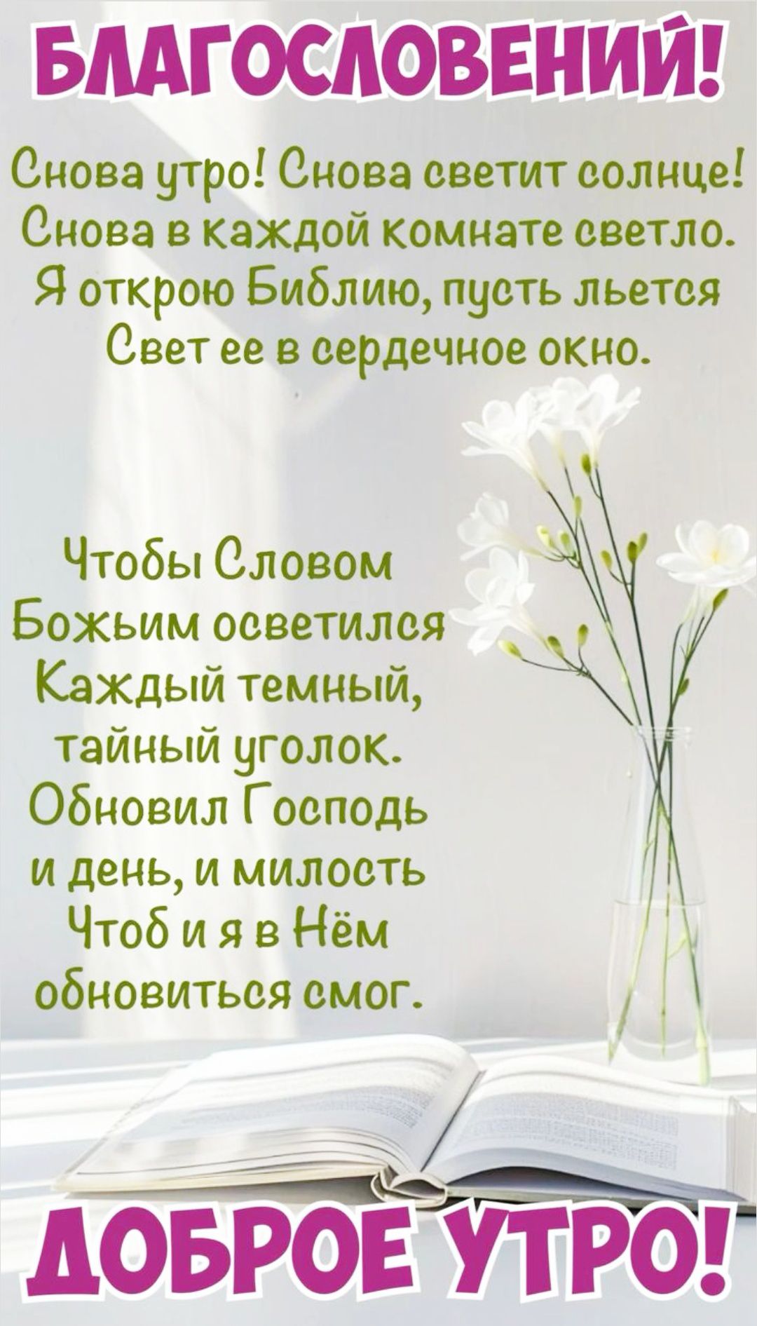 БЛАГОСЛОВЕНИЙ! Снова утро! Снова светит солнце! Снова в каждой комнате светло. Я открою Библию, пусть летится Свет ее в сердечное окно. Чтобы Словом Божьим освetlился Каждый темный, тайный уголок. Обновил Господь и день, и милость Чтобы и я в Нём обновиться смог. ДОБРОЕ УТРО!