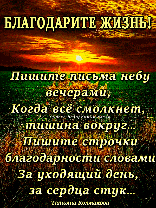 БЛАГОДАРИТЕ ЖИЗЬ! Пишите письма небу вечерами, Когда всё смолкнет, тишина вокруг.. Пишите строчки благодарности словами За уходящий день, за сердца стук... Татьяна Колмакова