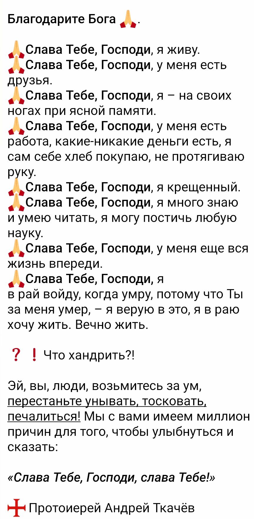Слава Тебе, Господи, я живу. Слава Тебе, Господи, у меня есть друзья. Слава Тебе, Господи, я – на своих ногах при ясной памяти. Слава Тебе, Господи, у меня есть работа, какие-никакие деньги есть, я сам себе хлеб покупаю, не протягиваю руку. Слава Тебе, Господи, я крещённый. Слава Тебе, Господи, я много знаю и умею читать, а может, и люблю науку. Слава Тебе, Господи, у меня ещё вся жизнь впереди. Слава Тебе, Господи, я в рай войду, когда умру, потому что Ты за меня умер, – я верю в это, я в раю хочу жить. Вечно жить. Что хандрить?! Эй, вы, люди, возьмитесь за ум, перестаньте унывать, тосковать, печалиться! Мы с вами имеем миллион причин для того, чтобы улыбнуться и сказать: 