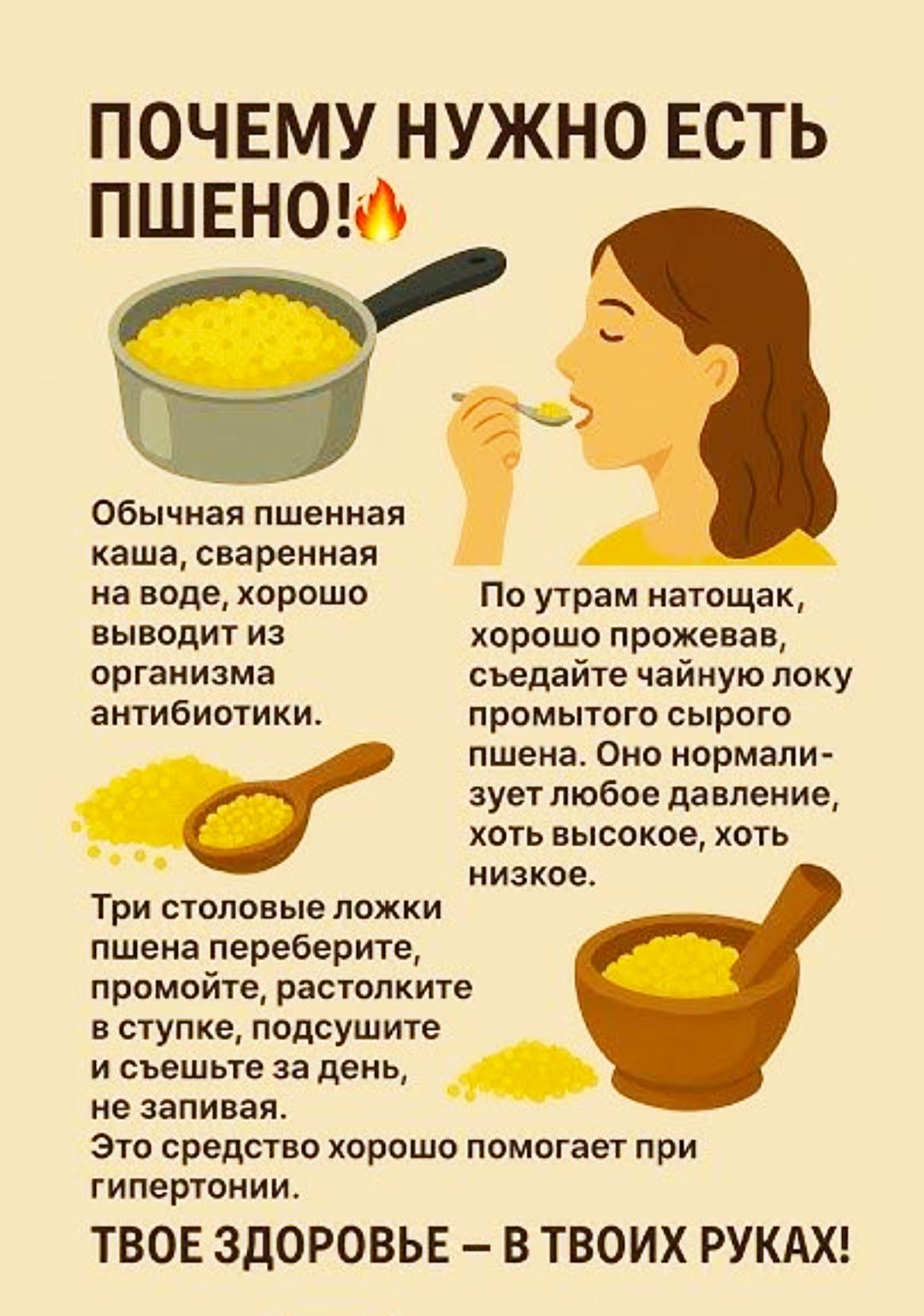 ПОЧЕМУ НУЖНО ЕСТЬ ПШЕНО! Обычная пшеничная каша, сваренная на воде, хорошо выводит из организма антибиотики.
По утрам натощак, хорошо прожевав, съедайте чайную ложку промытого сырого пшена. Оно нормализует любое давление, хоть высокое, хоть низкое.
Три столовые ложки пшена переберите, промойте, столите в ступке, подсушите и съемте за день, не забывай.
Это средство хорошо помогает при гипертонии.
ТВОЕ ЗДОРОВЬЕ – В ТВОИХ РУКАХ!