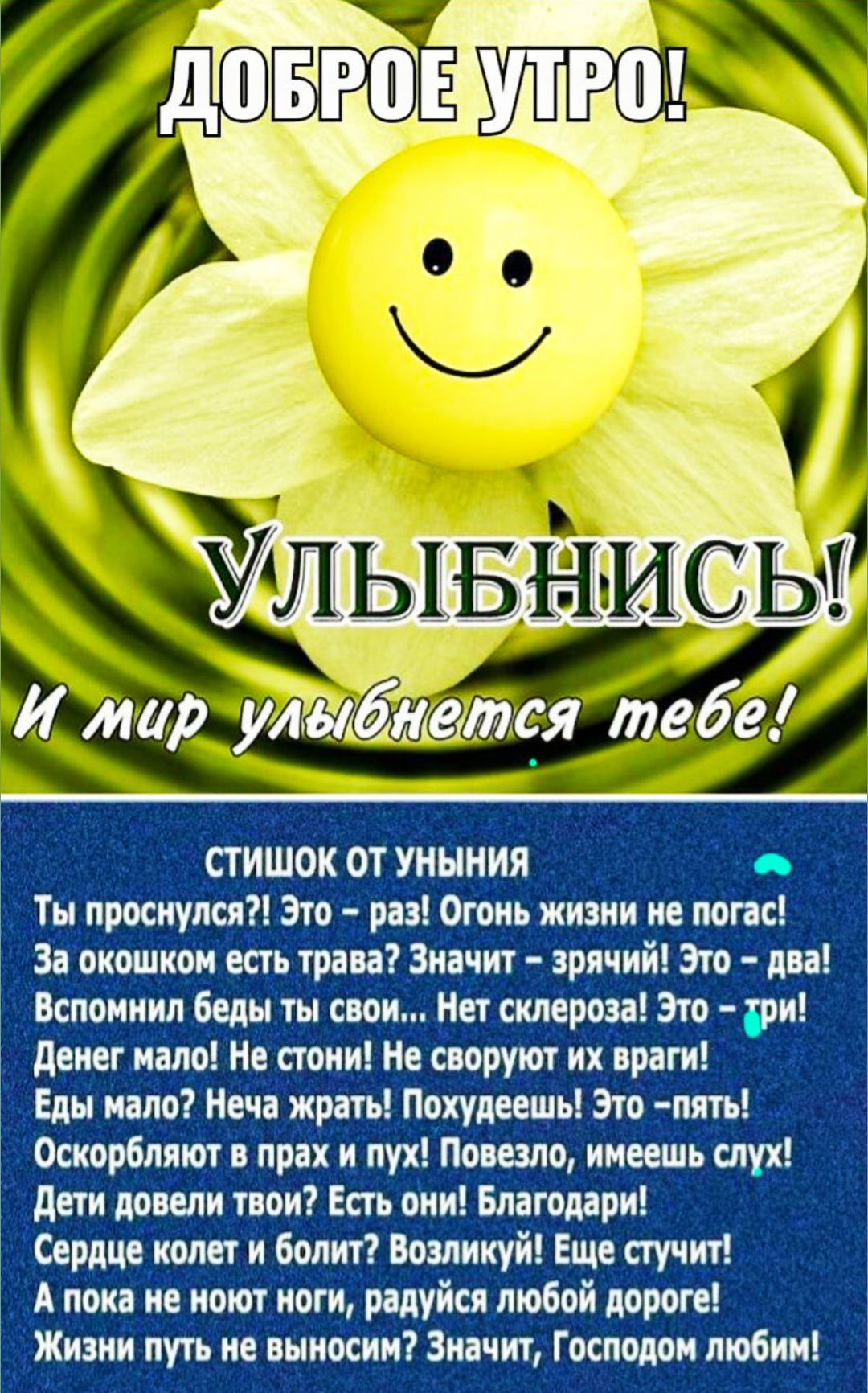 ДОБРОЕ УТРО!
УЛЫБНИСЬ! 
И мир улыбнется тебе!

СТИШОК ОТ УНЫНИЯ

Ты проснулся?! Это - раз! Огонь жизни не погас! 
За окном есть трава? Значит - зелёный! Это - два! 
Вспомни беды твои... Нет секретов! Это - три!
Денег мало? Не стонь! Не своруют их враги! 
Еды мало? Нельзя жрать! Похудеешь! Это - пять! 
Оскорблённый враг? Иди вперёд! Повезло, имеешь слух! 
Ясный добрый глаз?! Возликуй! Ещё стучит! 
А пока не хватает? Разреши любой дорогой! 
Господь не молчит? Значит, Господом любим!