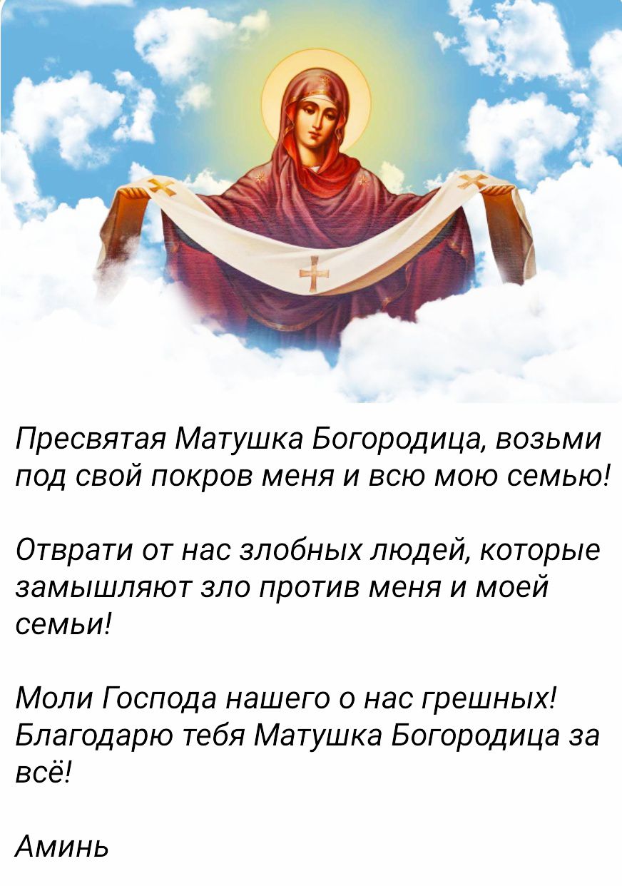 Пресвятая Матушка Богородица, возьми под свой покров меня и всю мою семью! Отврати от нас злобных людей, которые замышляют зло против меня и моей семьи! Моли Господа нашего о нас грешных! Благодарю тебя Матушка Богородица за всё! Аминь