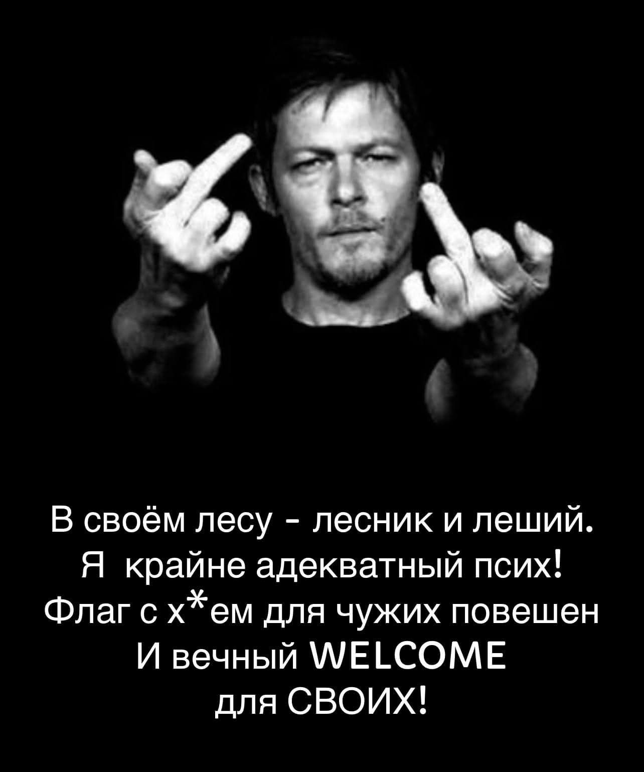 В своём лесу - лесник и лесной.
Я крайне адекватный псих!
Флаг с х*ем для чужих повешен
И вечный WELCOME для СВОИХ!