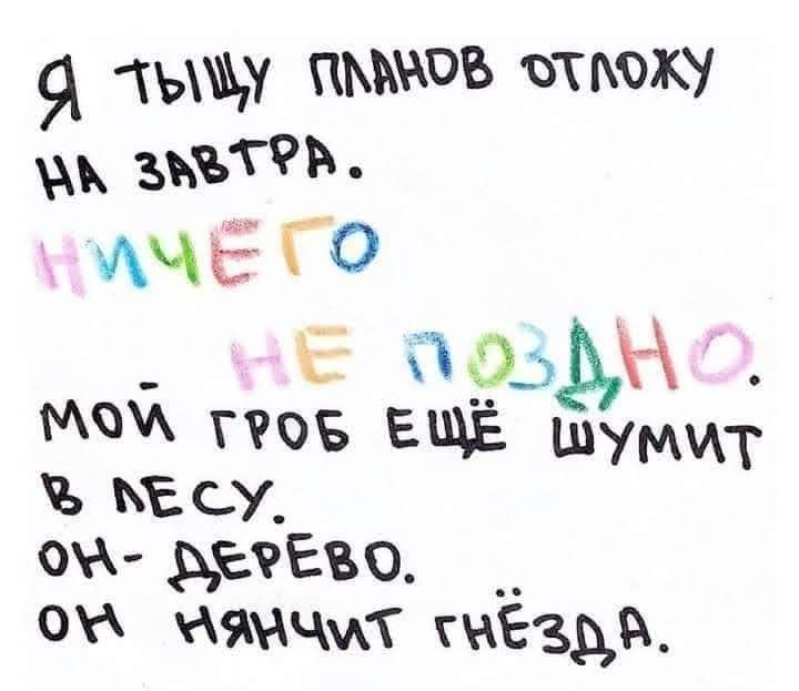 Я тысячу планов отложу на завтра. НИЧЕГО НЕ ПОЗДНО. Мой гроб ещё шумит в лесу, он – дерево. Он нянчит гнёзда.