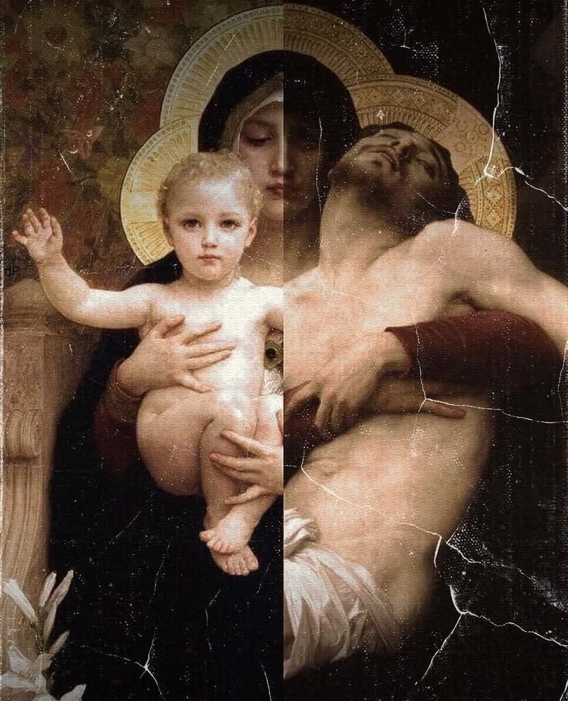 Коллаж с религиозным образами и обнаженными фигурами.