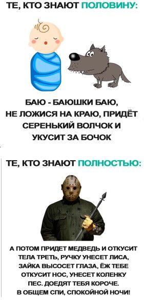 ТЕ, КТО ЗНАЮТ ПОЛОВИНУ:
БАЮ - БАЮШКИ БАЮ, НЕ ЛОЖИСЬ НА КРАЮ, ПРИДЕТ СЕРЕНЬКИЙ ВОЛЧОК И УКУСИТ ЗА БОЧОК

ТЕ, КТО ЗНАЮТ ПОЛНОСТЬЮ:
А ПОТОМ ПРИДЕТ МЕДВЕДЬ И ОТКУСИТ ТЕЛА ТРЕТЬ, РУЧКУ УНЕСЕТ ЛИСА, ЗАЙКА ВЫСОСЕТ ГЛАЗА, ЁЖ ТЕБЕ ОТКУСИТ НОС, УНЕСЕТ КОЛЕНКУ ПЕС. ДОЕСТ ТЕБЯ КОРОЧЕ. В ОБЩЕМ СПИ, СПОКОЙНОЙ НОЧИ!