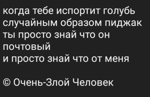 когда тебе испортит голубь случайным образом пиджак ты просто знай что он почтовый и просто знай что от меня
© Очень-Злой Человек