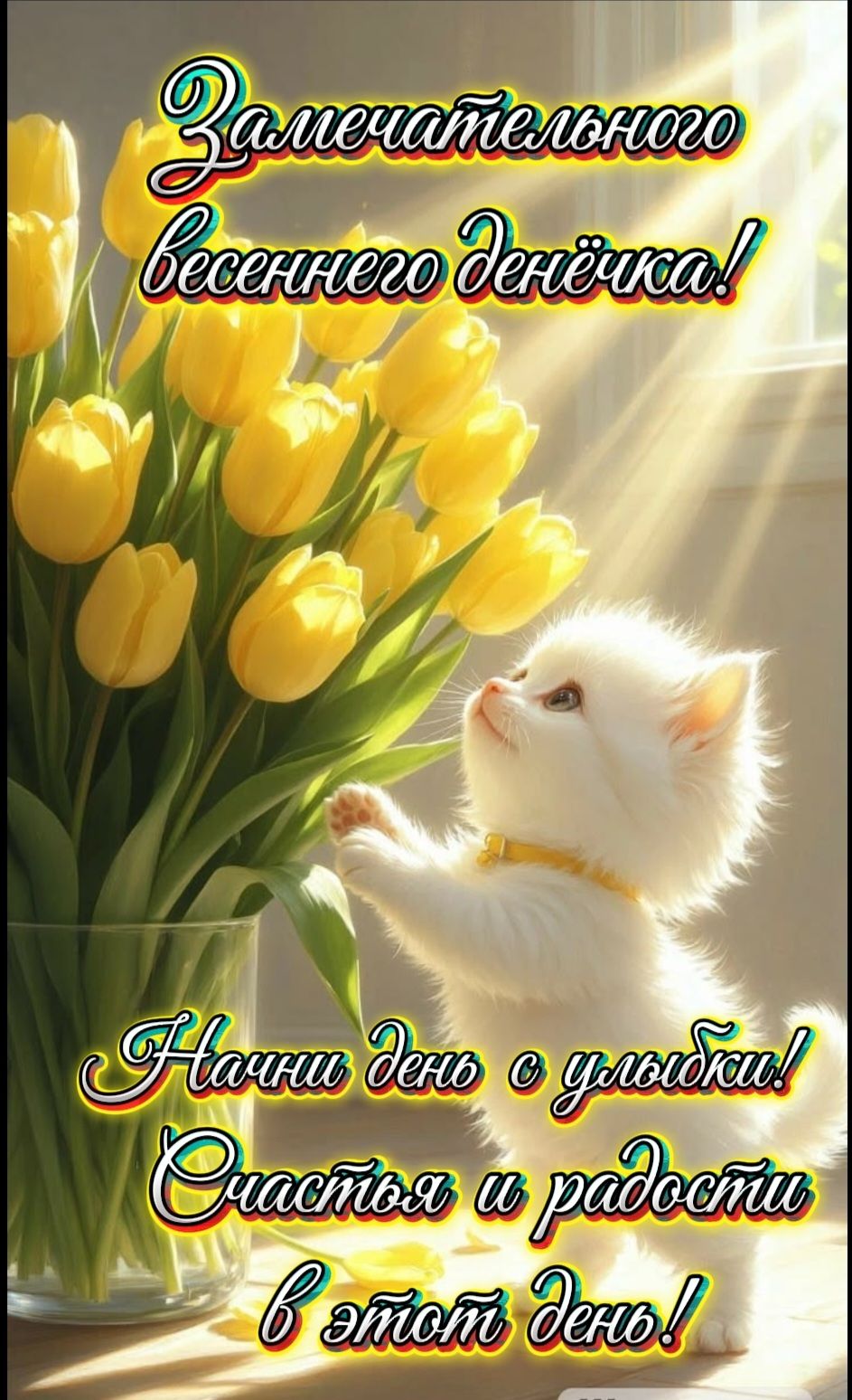 Замечательного весеннего денёчка!\nНачни день с улыбки! Счастья и радости в этот день!