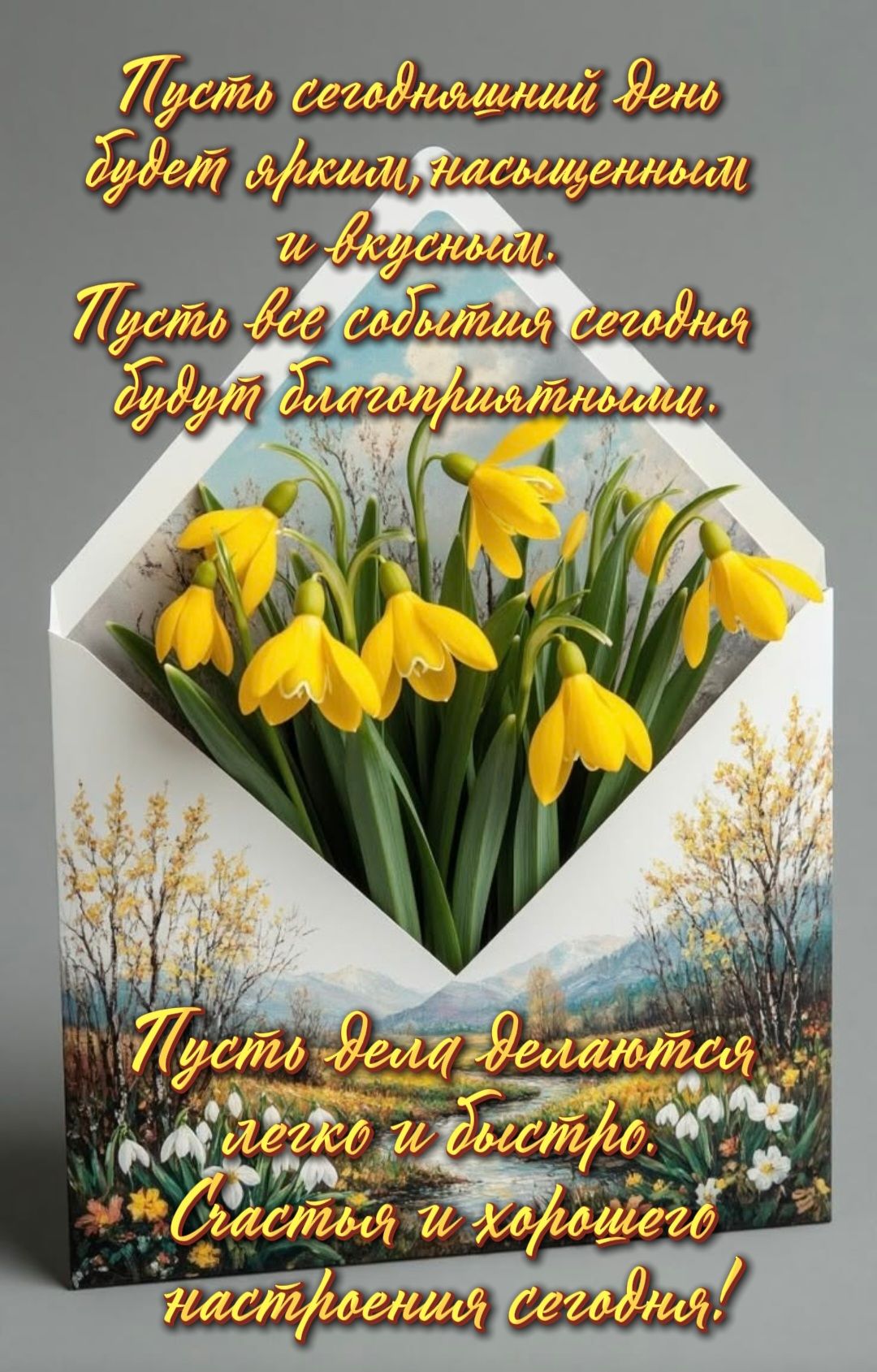 Пусть сегодняшний день будет ярким, насыщенным и вкусным. Пусть все события сегодня будут благоприятными. Пусть дела делаются легко и быстро. Счастья и хорошего настроения сегодня!