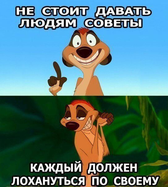 НЕ СТОИТ ДАВАТЬ ЛЮДЯМ СОВЕТЫ
КАЖДЫЙ ДОЛЖЕН ЛОХАНУТЬСЯ ПО СВОЕМУ