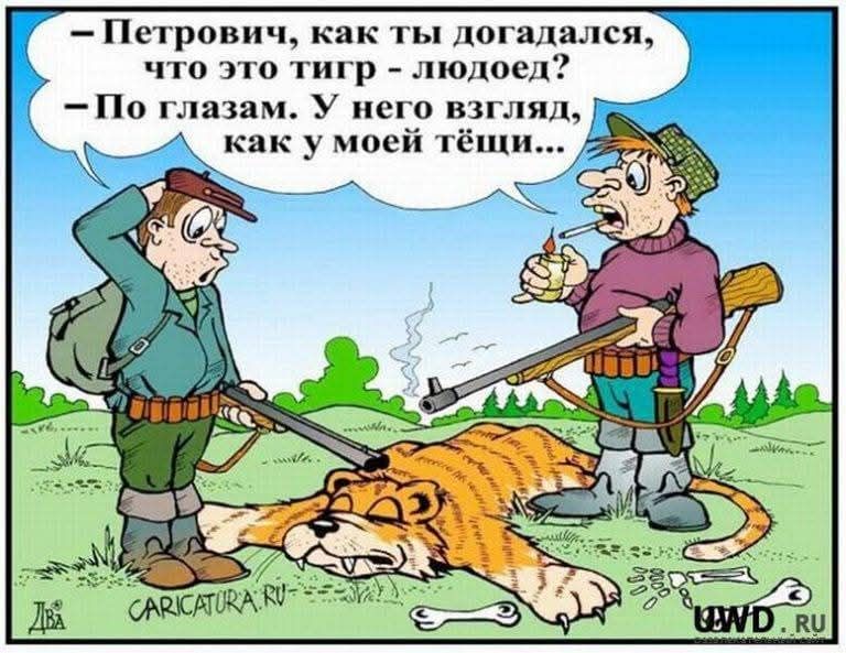 — Петрович, как ты догадался, что это тигр – людоед?  — По глазам. У него взгляд, как у моей тёщи...