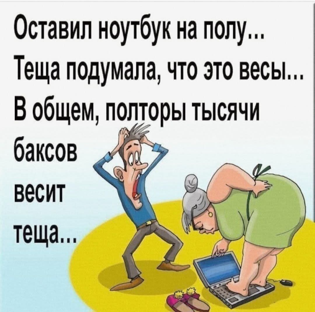 Оставил ноутбук на полу... Теща подумала, что это весы... В общем, полторы тысячи баксов весит теща...