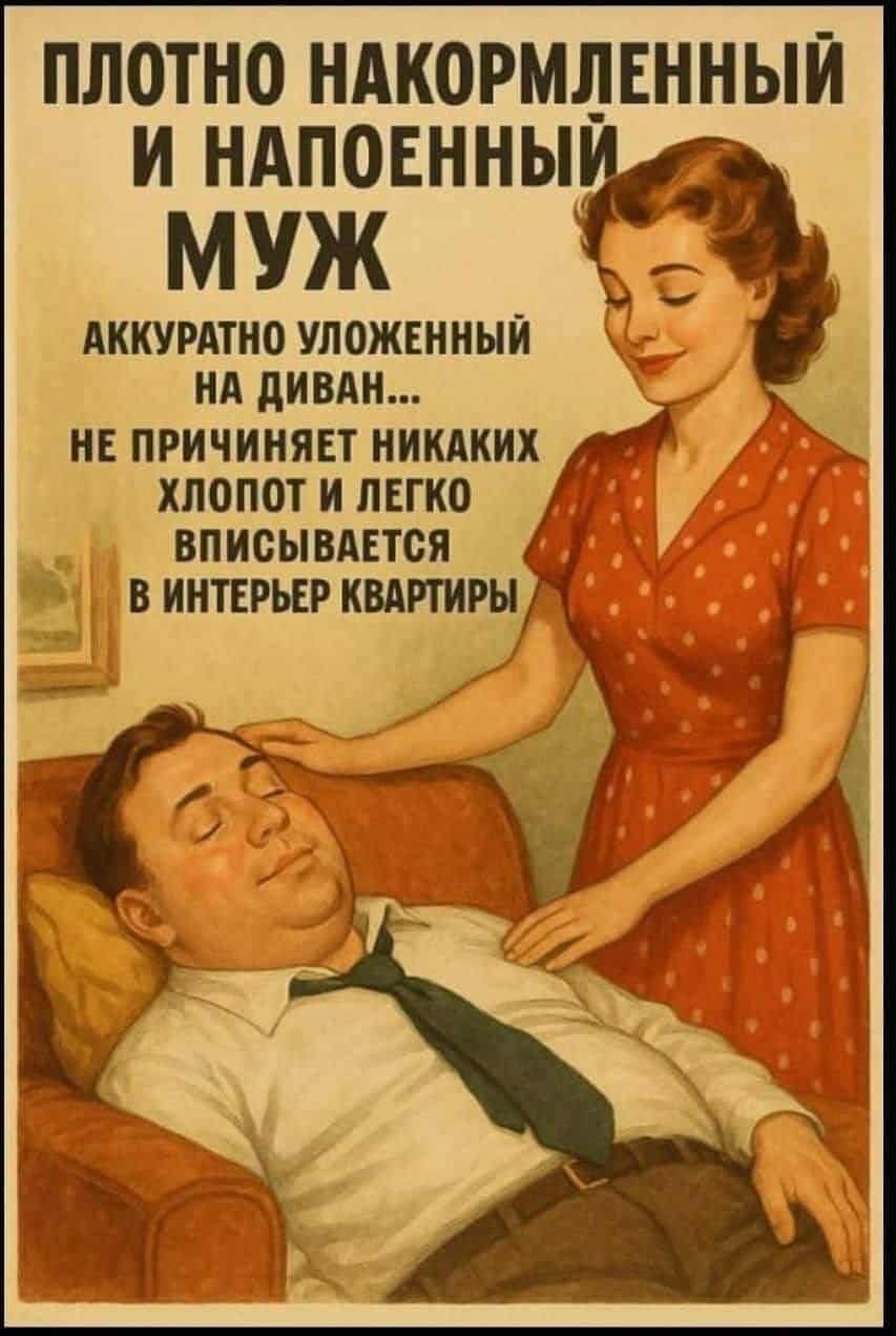 ПЛОТНО НАКОРМЛЕННЫЙ И НАПОЕННЫЙ МУЖ АККУРАТНО УЛОЖЕННЫЙ НА ДИВАН... НЕ ПРИЧИНЯЕТ НИКАКИХ ХЛОПОТ И ЛЕГКО ВПИСЫВАЕТСЯ В ИНТЕРЬЕР КВАРТИРЫ