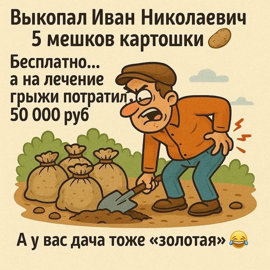 Выкопал Иван Николаевич 5 мешков картошки
Бесплатно… а на лечение грыжки потратил 50 000 руб
А у вас дача тоже «золотая» 😂