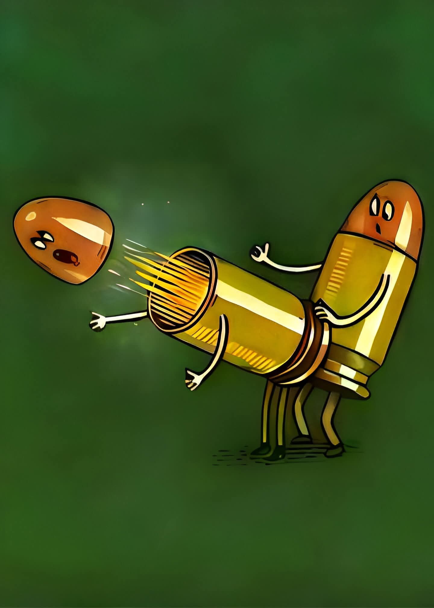 Карикатура: пуля пронзает другую пульку в комическом поединке.