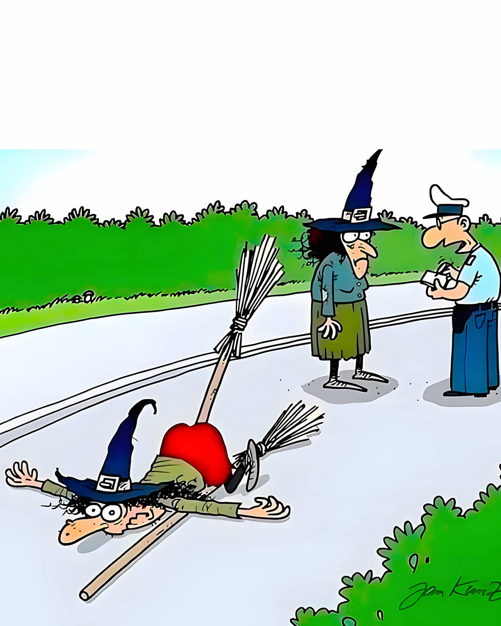 Карикатура: ведьма падает на дороге на метле, рядом разговор с мужчиной-полицейским.