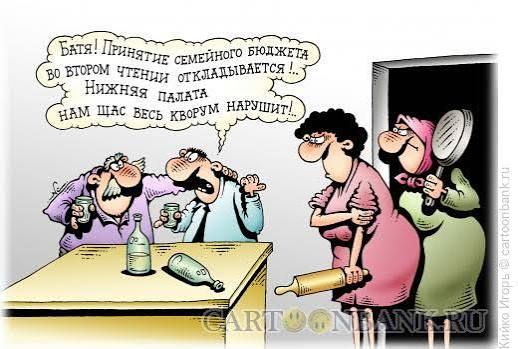Батя! Принятие семейного бюджета во втором чтении откладывается! Нижняя палата нам щи весь корм нарушит!