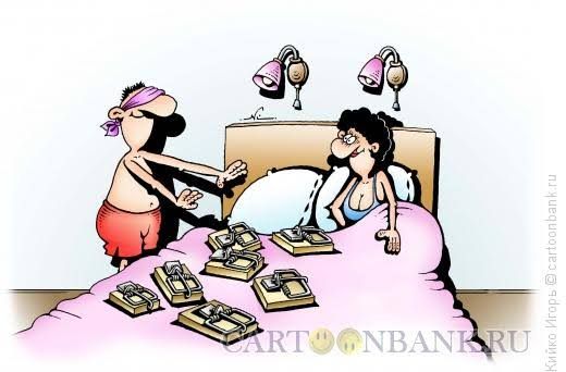 Карикатура: больной лежит в кровати, рядом мошенник пытается забрать деньги