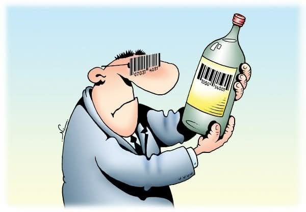 Карикатура: мужчина с баркодами на глазах держит бутылку.