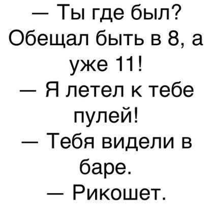 — Ты где был?
Обещал быть в 8, а уже 11!
— Я летел к тебе пулей!
— Тебя видели в баре.
— Рикошет.