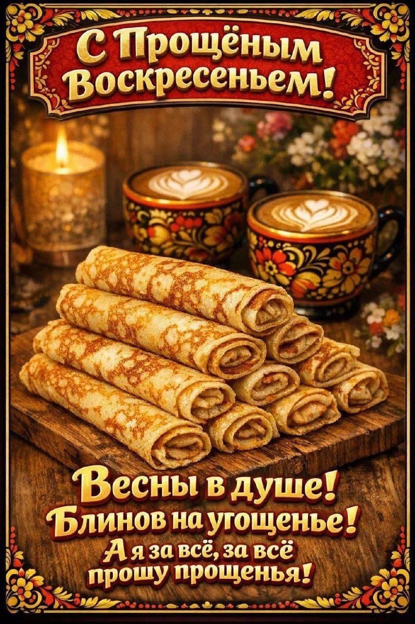 С Прощённым Воскресеньем!\nВесны в душе! Блинов на угощенье!\nА я за всё, за всё прошу прощенья!