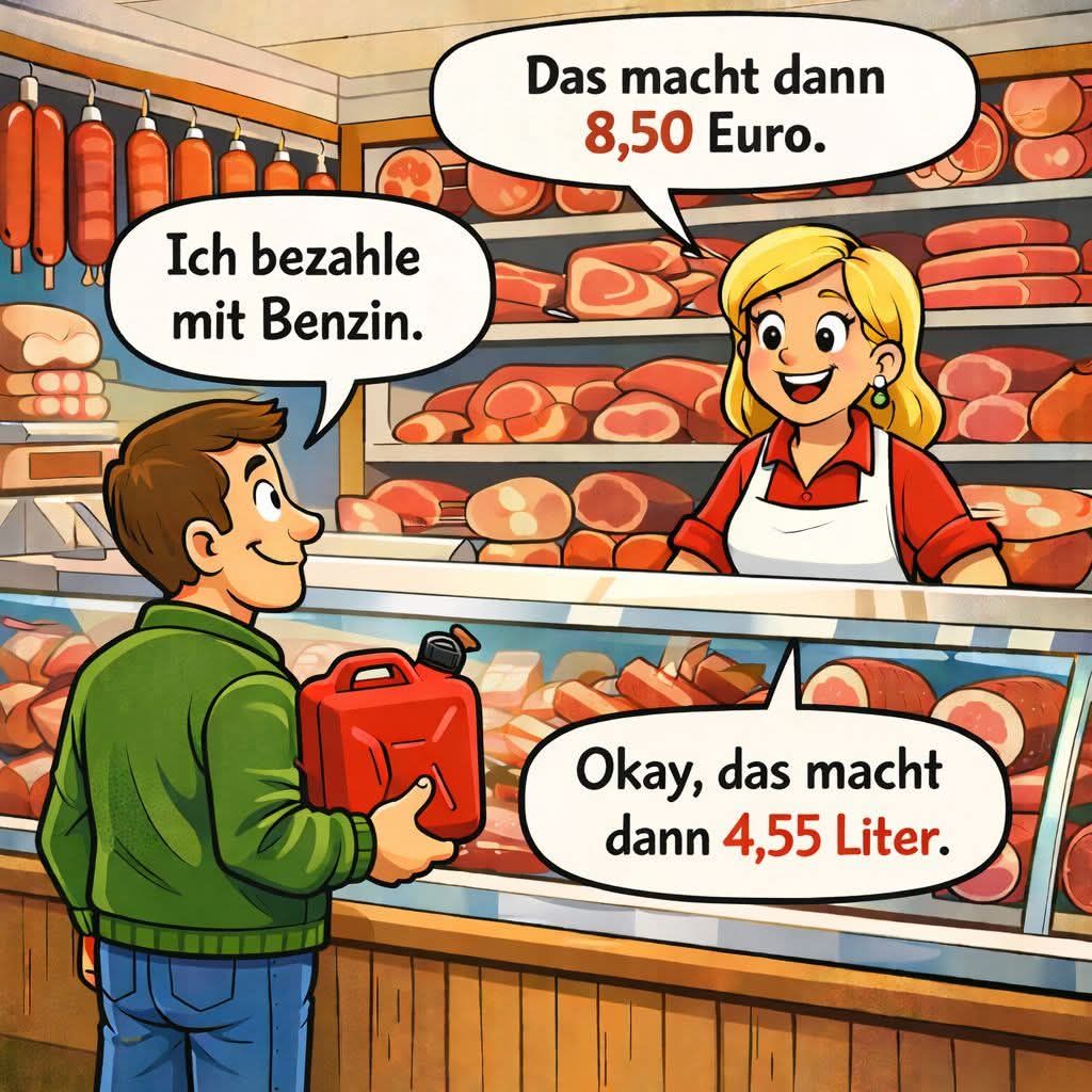 Das macht dann 8,50 Euro. Ich bezahle mit Benzin. Okay, das macht dann 4,55 Liter.