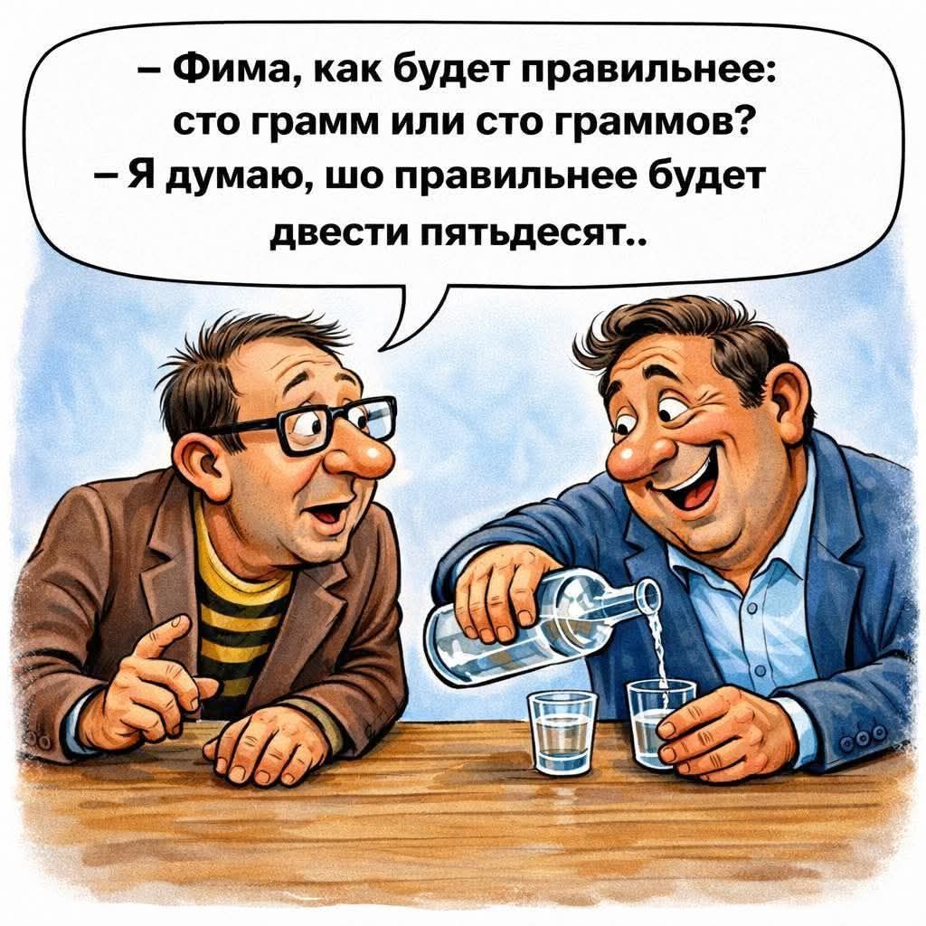 — Фима, как будет правильнее: сто грамм или сто граммов?\n— Я думаю, шо правильнее будет вести пятьдесят..