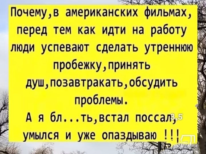 Почему, в американских фильмах, перед тем как идти на работу люди успевают сделать утреннюю пробежку, принять душ, позавтракать, обсудить проблемы.
А я бл...ть, встал посрал, умылся и уже опаздываю !!!