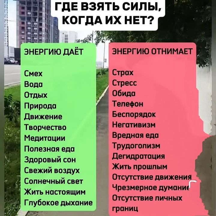 ГДЕ ВЗЯТЬ СИЛЫ, КОГДА ИХ НЕТ?

ЭНЕРГИЮ ДАЁТ:
Смех
Вода
Отдых
Природа
Движение
Творчество
Медитация
Полезная еда
Здоровый сон
Свежий воздух
Солнечный свет
Жить настоящим
Глубокое дыхание

ЭНЕРГИЮ ОТНИМАЕТ:
Страх
Стресс
Обед
Телефон
Беспорядок
Негативизм
Вредная еда
Трудоголизм
Дегидратация
Жить прошлым
Отсутствие движения
Чрезмерное думание
Отсутствие личных границ