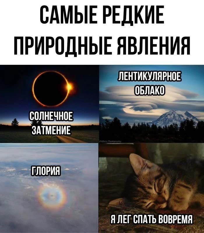 САМЫЕ РЕДКИЕ ПРИРОДНЫЕ ЯВЛЕНИЯ

СОЛНЕЧНОЕ ЗАТМЕНИЕ

ЛЕНТИКУЛЯРНОЕ ОБЛАКО

ГЛОРИЯ

Я ЛЕГ СПАТЬ ВОВРЕМЯ
