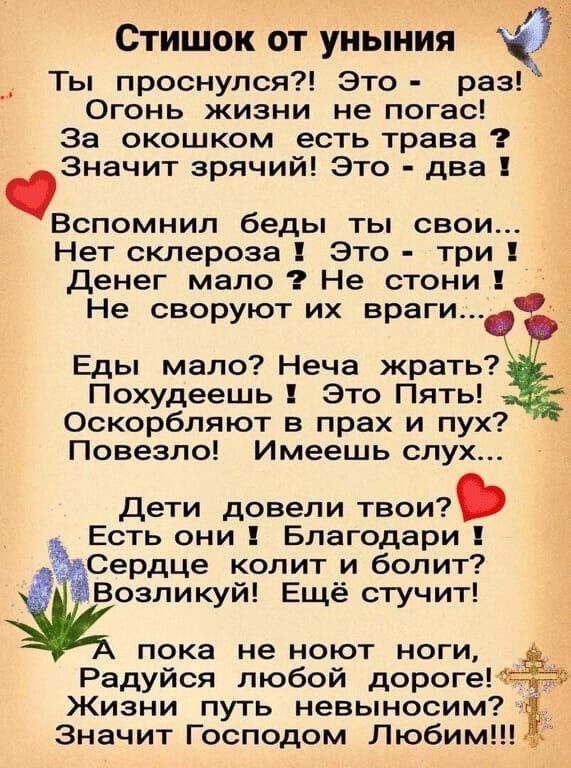 Стишок от уныния

Ты проснулся?! Это - раз! Огонь жизни не погас! За окошком есть трава? Значит зреющий! Это - два! 

Вспомнил беды ты свои... Нет склероза! Это - три! Денег мало? Не стони! Не своруют их враги...

Еды мало? Неча жрать? Похудеешь! Это Пять! Оскорбляют в прах и пух? Повезло! Имеешь слух...

Дети довели твои? Есть они! Благодари! Сердце колит и болит? Возликуй! Ещё стучит!

А пока не ноет ноги, Радуйся любой дороге! Жизнь-то путь бесконечный? Значит Господом ЛЮБИМ!