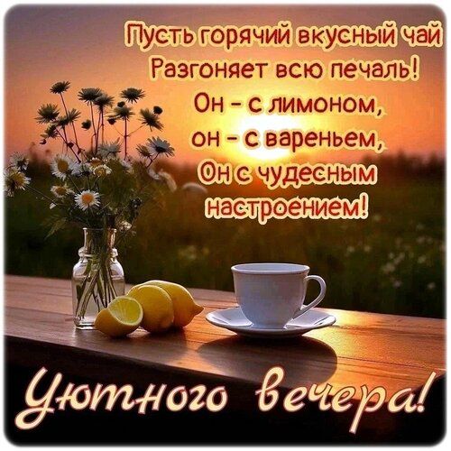 Пусть горячий вкусный чай
Разгоняет всю печаль!
Он - с лимоном,
он - с вареньем,
Он с чудесным настроением!
Уютного вечера!