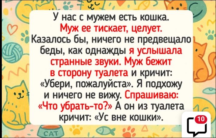 У нас с мужем есть кошка. Муж ее тискает, целует. Казалось бы, ничего не предвещало беды, как однажды я услышала странные звуки. Муж бежит в сторону туалета и кричит: «Убери, пожалуйста». Я подхожу и ничего не вижу. Спрашиваю: «Что убрать-то?» А он из туалета кричит: «Усевые кошки!»
