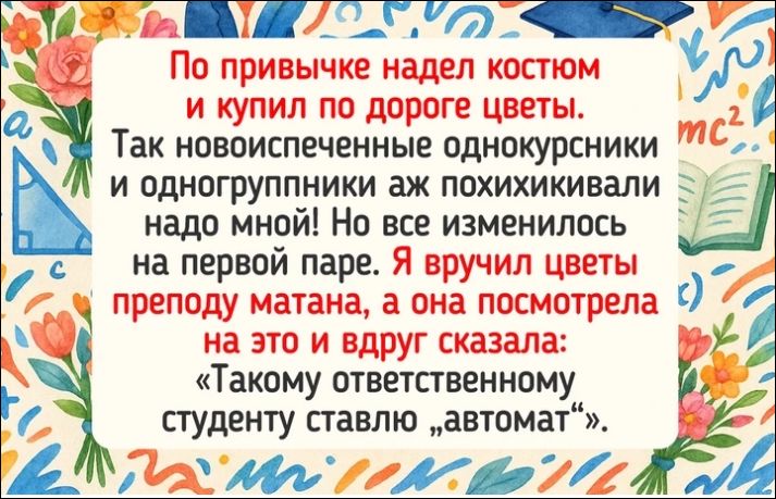По привычке надел костюм и купил по дороге цветы. Так новоиспеченные однокурсники и одногруппники аж похихикивали надо мной! Но всё изменилось на первой паре. Я вручил цветы преподу матана, а она посмотрела на это и вдруг сказала: «Такому ответственному студенту ставлю „автомат“».