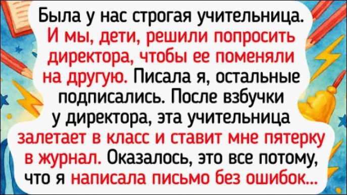 Была у нас строгая учительница. И мы, дети, решили попросить директора, чтобы ее поменяли на другую. Писала я, остальные подписались. После взбучки у директора, эта учительница залетает в класс и ставит мне пятерку в журнал. Оказалось, это все потому, что я написала письмо без ошибок...