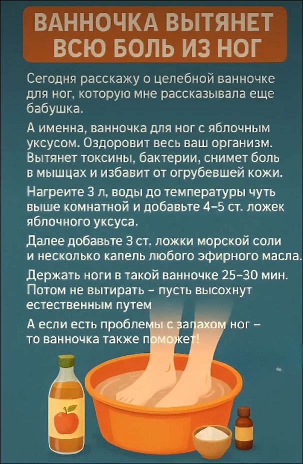 ВАННОЧКА ВЫТЯНЕТ ВСЮ БОЛЬ ИЗ НОГ

Сегодня расскажу о целебной ванночке для ног, которую мне рассказывала еще бабушка.

А именно, ванночка для ног с яблочным уксусом. Оздоровит весь ваш организм. Вытянет токсины, бактерии, снимет боль в мышцах и избавит от огрубевшей кожи.

Нагрейте 3 л. воды до температуры чуть выше комнатной и добавьте 4–5 ст. ложек яблочного уксуса.

Далее добавьте 3 ст. ложки морской соли и несколько капель любого эфирного масла.

Держите ноги в такой ванночке 25–30 мин. Потом не вытерайте – пусть высохнут естественным путем.

А если есть проблемы с запахом ног – то ванночка также поможет!