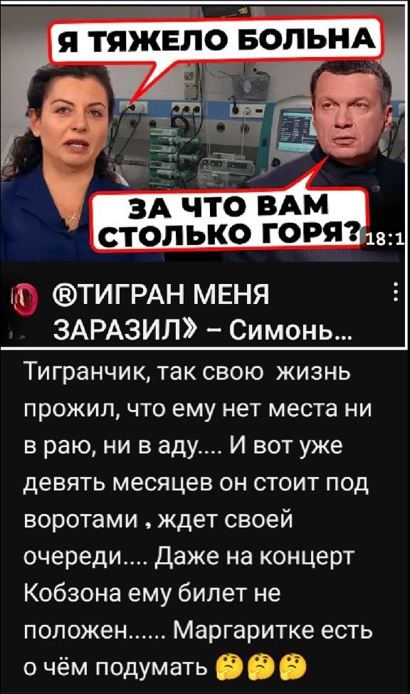 Я ТЯЖЕЛО БОЛЬНА
ЗА ЧТО ВАМ СТОЛЬКО ГОРЯ?
Тигранчик, так свою жизнь прожил, что ему нет места ни в раю, ни в аду.... И вот уже девять месяцев он стоит под воротами, ждет своей очереди.... Даже на концерт Кобзона ему билет не положен...... Маргаритке есть о чем подумать