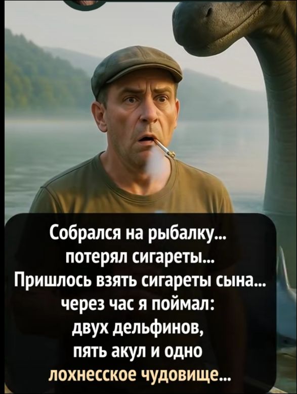 Собрался на рыбалку... потерял сигареты... Пришлось взять сигареты сына... через час я поймал: двух дельфинов, пять акул и одно ложное чудовище...