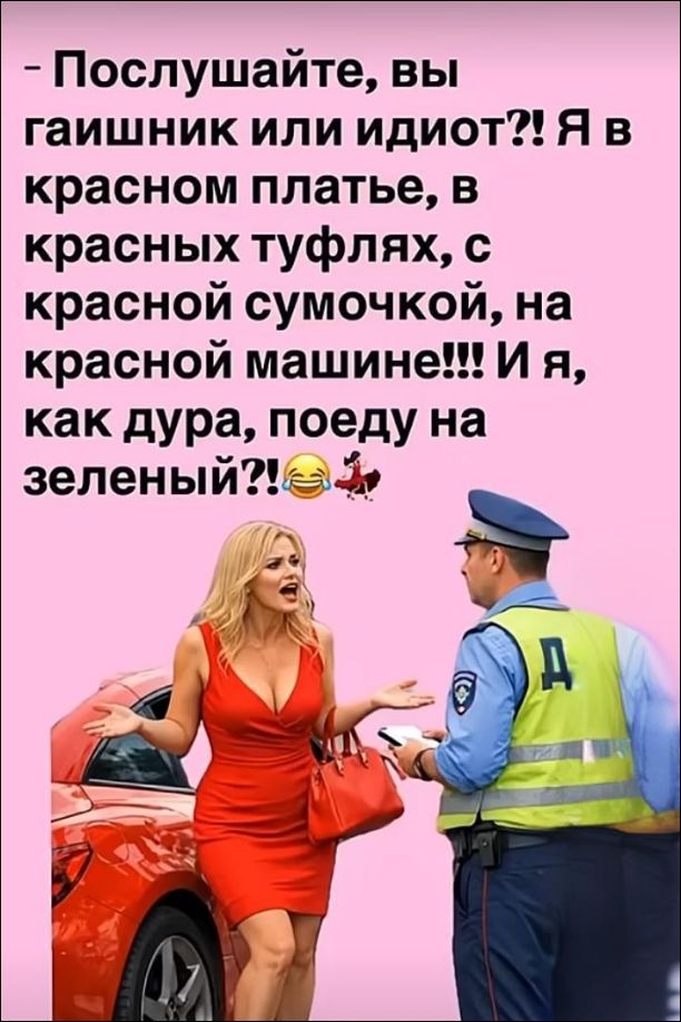 - Послушайте, вы гаишник или идиот?! Я в красном платье, в красных туфлях, с красной сумочкой, на красной машине!!! И я, как дура, поеду на зеленый?! 😂🚦