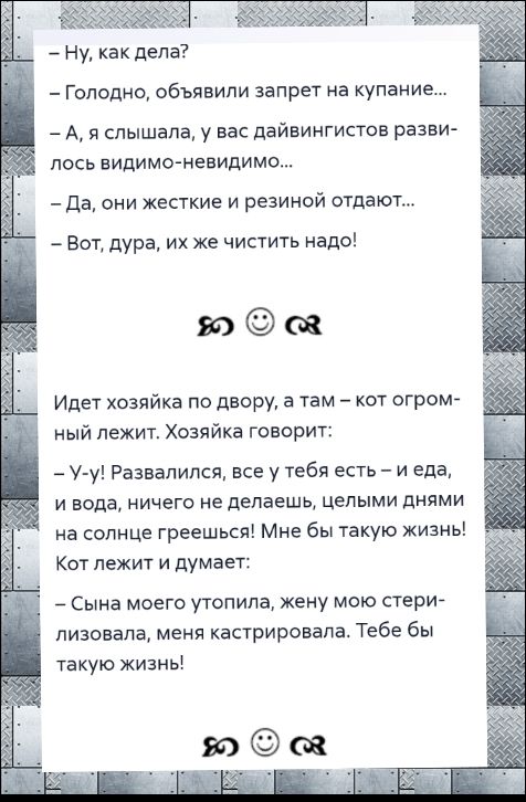 - Ну, как дела?
- Голодно, объявили запрет на купание...
- А, я слышала, у вас дайвинговистов развился видимо-невидимо...
- Да, они жесткие и резиной отдают...
- Вот, дура, их же чистить надо!

Идет хозяйка по двору, а там кот огромный лежит. Хозяйка говорит:
- У-у! Развалились, все у тебя есть – и еда, и вода, ничего не делаешь, целыми днями на солнце грeешься! Мне бы такую жизнь! Кот лежит и думает:
- Сына моего утопила, жену мою стерилизовала, меня кастрировали. Тебе бы такую жизнь!