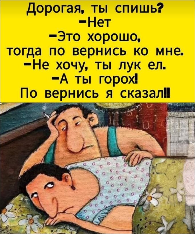Дорогая, ты спишь? -Нет -Это хорошо, тогда по вернись ко мне. -Не хочу, ты лук ел. -А ты горох! По вернись я сказал!