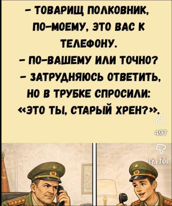 - ТОВАРИЩ ПОЛКОВНИК, ПО-МОЕМУ, ЭТО ВАС К ТЕЛЕФОНУ. 
- ПО-ВАШЕМУ ИЛИ ТОЧНО? 
- ЗАТРУДНЯЮСЬ ОТВЕТИТЬ, НО В ТРУБКЕ СПРОСИЛИ: «ЭТО ТЫ, СТАРЫЙ ХРЕН?»