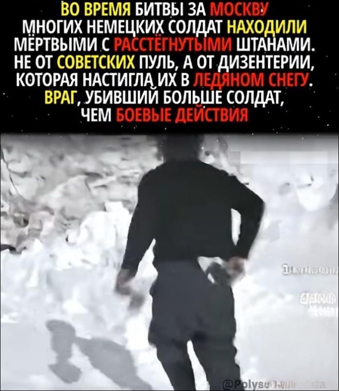 Во время битвы за Москву многие немецких солдат находили мертвыми с расстегнутыми штанами, не от советских пуль, а от дизентерии, которая настигла их в ледяном снегу. Враг, убивший больше солдат, чем боевые действия.