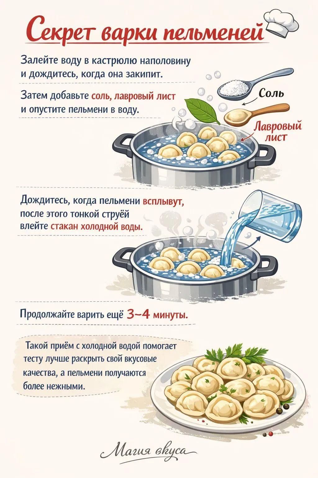 Секрет варки пельменей
Залейте воду в кастрюлю наполовину и дождитесь, когда она закипит. Затем добавьте соль, лавровый лист и опустите пельмени в воду. Дождитесь, когда пельмени всплывут, после этого тонкой струёй влейте стакан холодной воды. Продолжайте варить ещё 3–4 минуты. Такой прием с холодной водой помогает тесту лучше раскрыть свои вкусовые качества, а пельмени получаются более нежными. Магия вкуса
