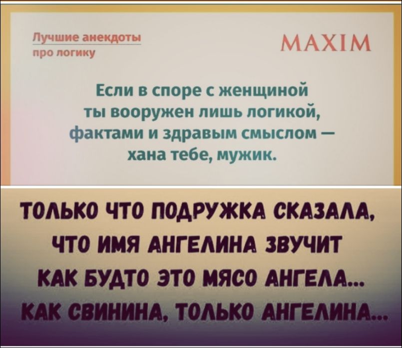 Лучшие анекдоты про логику. Если в споре с женщиной ты вооружен лишь логикой, фактами и здравым смыслом — хана тебе, мужик. Только что подружка сказала, что имя Ангелина звучит как будто это мясо ангела... как свинина, только Ангелина...